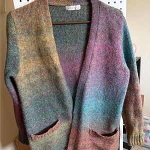 Koret Multicolor Open-Front Knit Cardigan in Teal, Pink & Tan